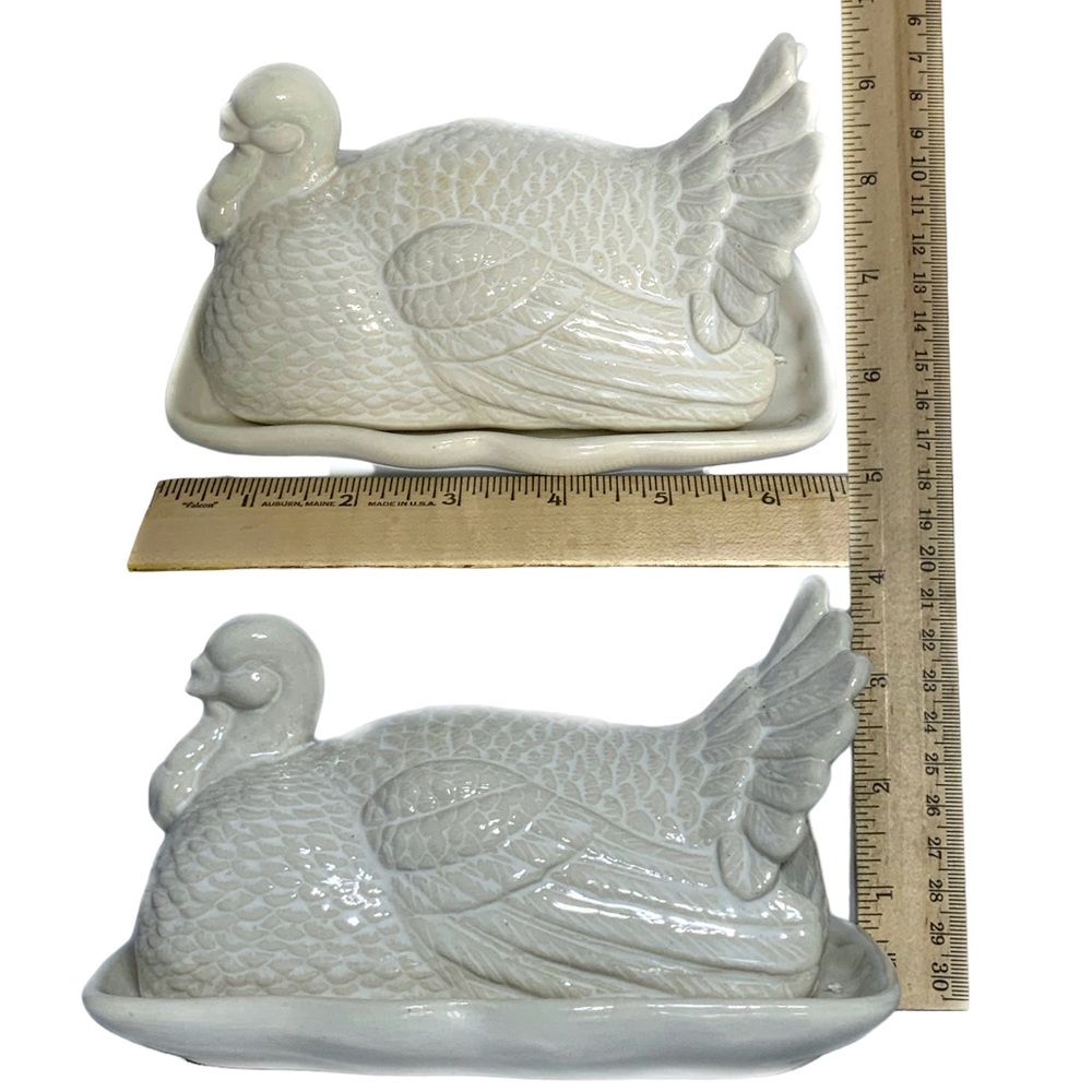 Harvest Covered Butter Dish Thanksgiving Turkey Large With Lid Ceramic NEW White - Picture 11 of 15